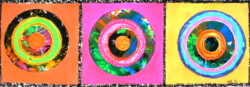 drei bunte Quadrate mit bunten Zielscheiben mixed Media auf Karton Querformat