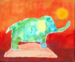 Collage grüner Elefant auf einem kleinen Hügel im Sonnenuntergang Papier Aquarel und Acryl auf Leinwand