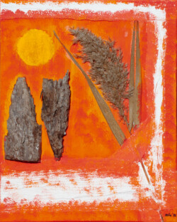 Reliefbild mit Naturmaterialien Schilf Holz Gips Acryl auf Leinwand