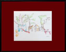 abstrakte Skizze von einem Spielplatz auf Papier schwarzer Stiftt und Aquarell mit weinrotem Passpartout und schwarz gerahmt